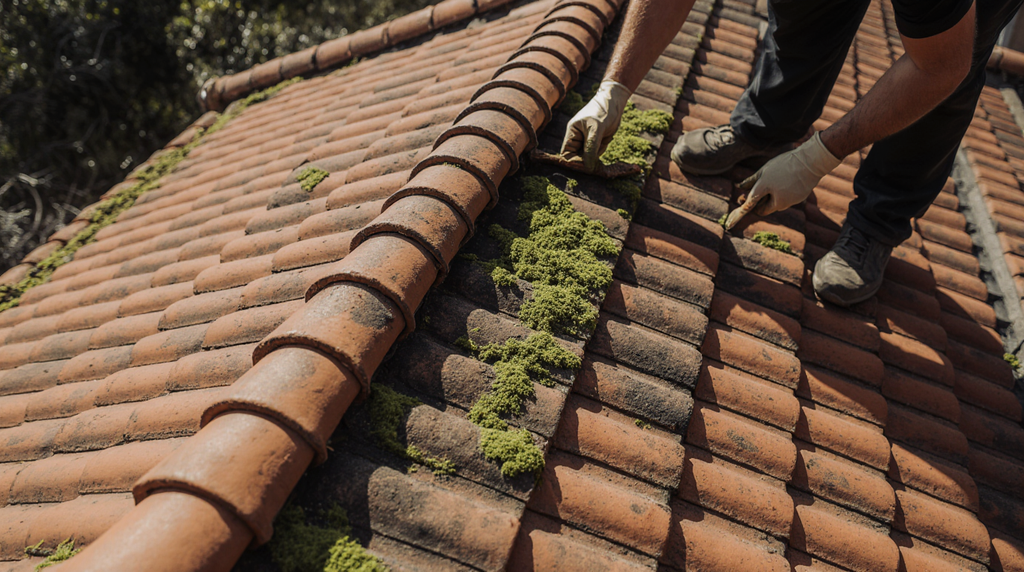 Esta Imagen Muestra En Primer Plano Un Trabajo De Mantenimiento Y Limpieza Manual Sobre Un Tejado D C8at6u5lojp7bkrib442